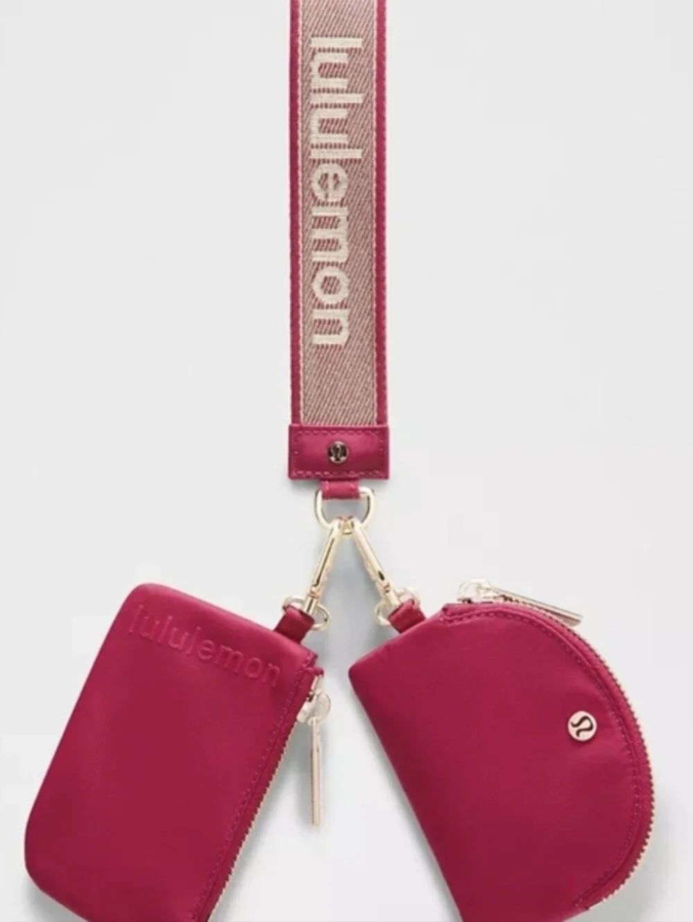 Lululemon Berry Rumble Pink Metallic Gold Wordmark Dual Pouch Wristlet Keychain - Picture 2 of 5
